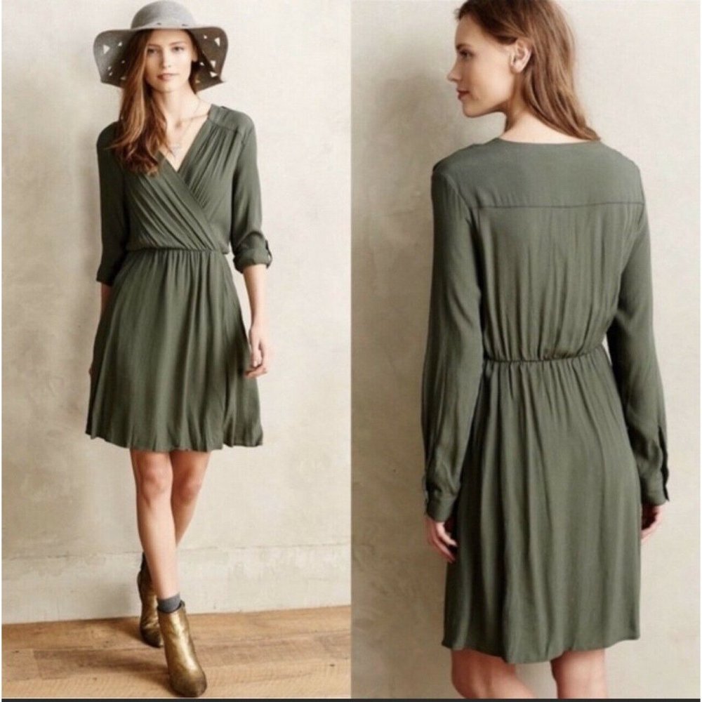 Anthropologie Maeve Dress Lene Faux Wrap Olive Green Roll Tab Sleeves Size L